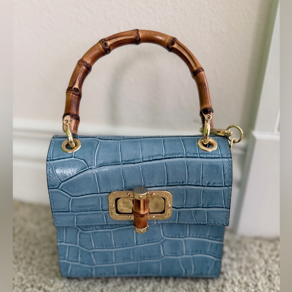 Elegant Blue Leather Croc-Embossed Mini Bag with Bamboo Handle